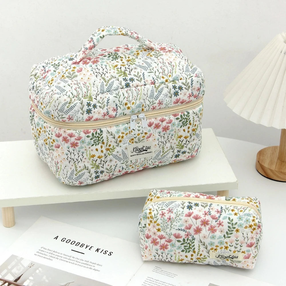 Trousse de Maquillage à Imprimé Floral - Grand Organisateur de Voyage, Pochette Cosmétique et Sac à Main Portable pour Femme