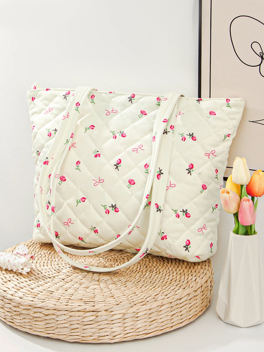 Sac à Main Matelassé à Fleurs - Grand Sac Cabas Multifonction, Tendance, Portable et Mignon pour les Voyages - 1 Pièce
