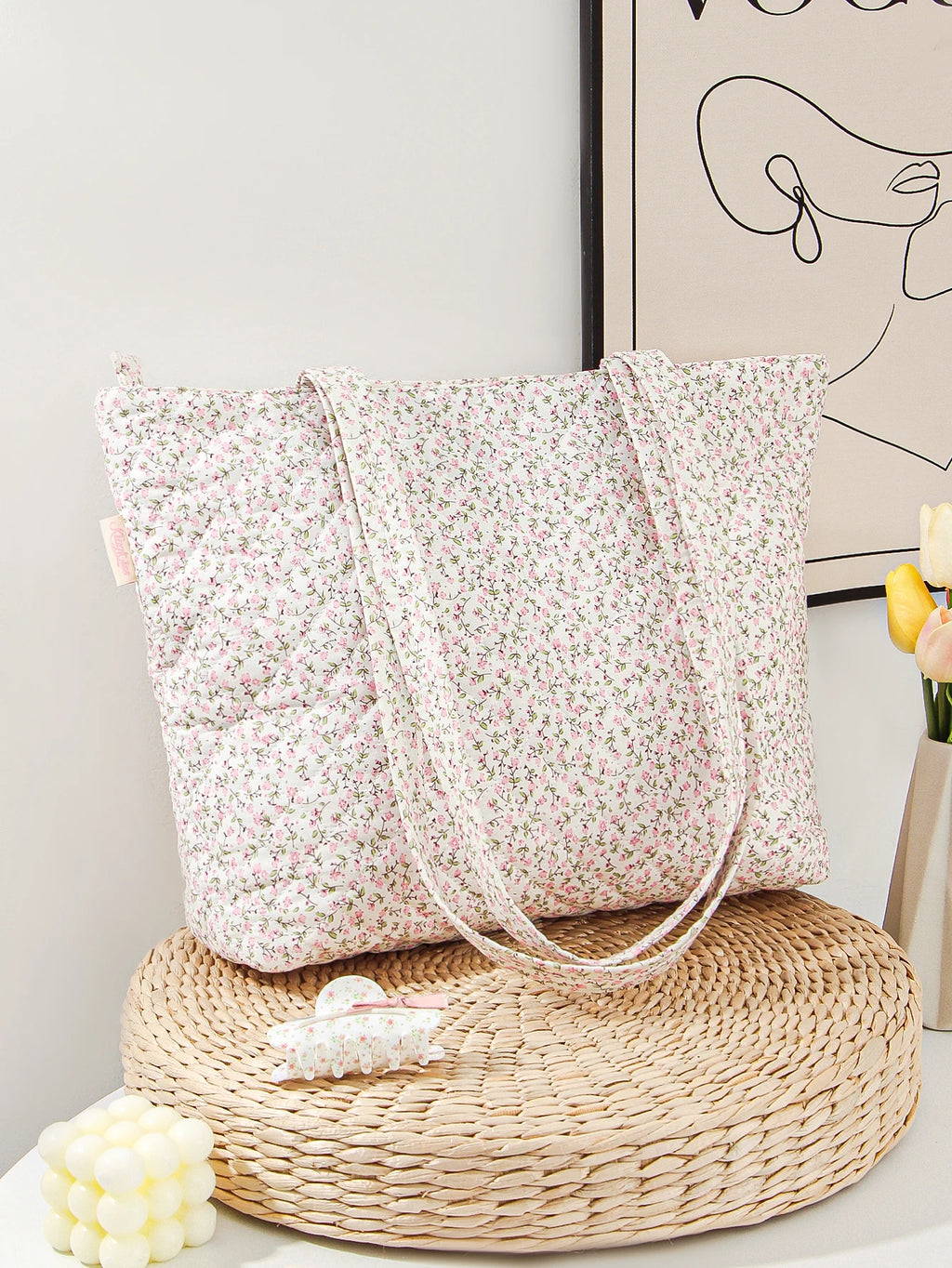 Sac à Main Matelassé à Fleurs - Grand Sac Cabas Multifonction, Tendance, Portable et Mignon pour les Voyages - 1 Pièce