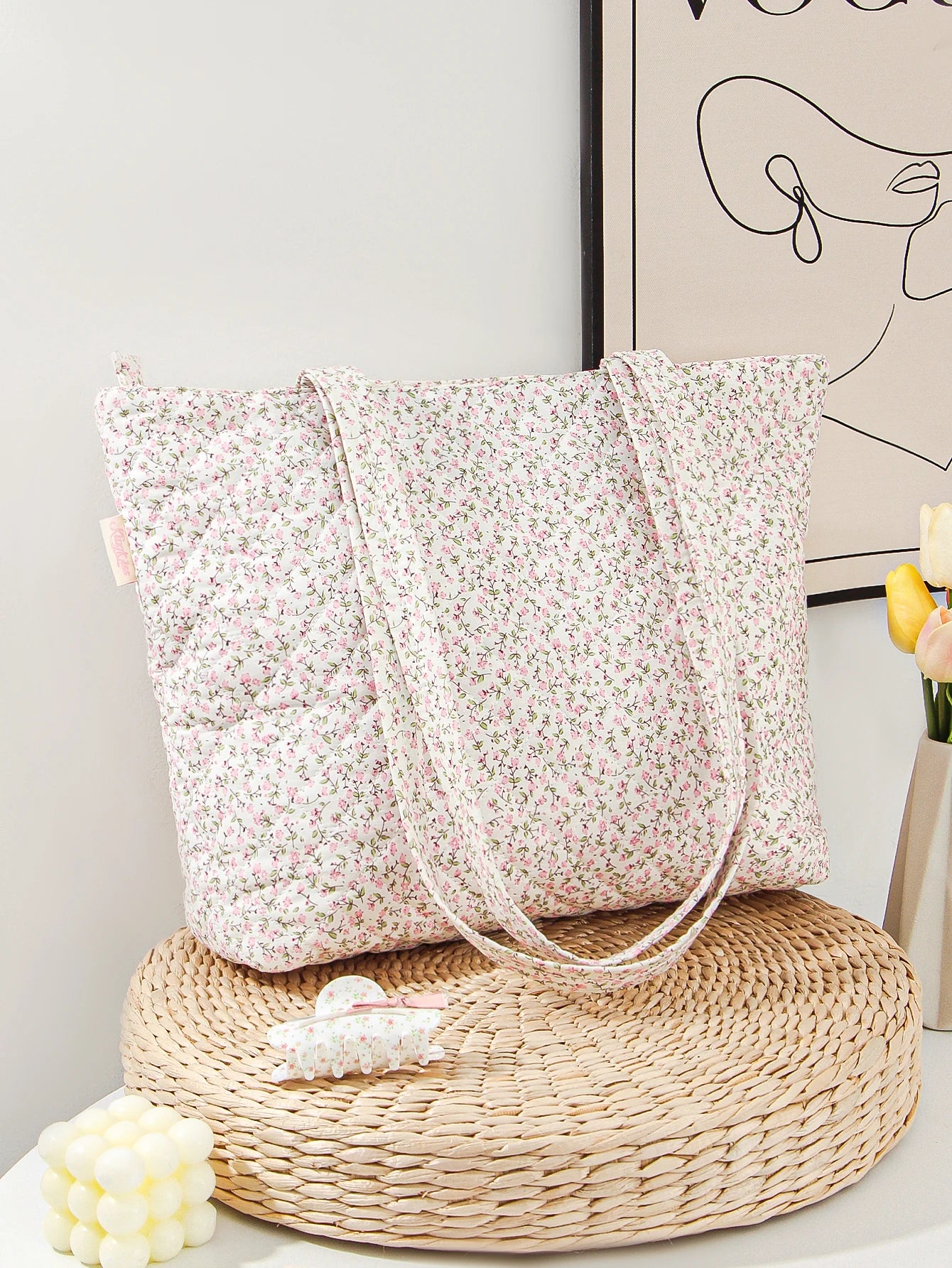 Sac à Main Matelassé à Fleurs - Grand Sac Cabas Multifonction, Tendance, Portable et Mignon pour les Voyages - 1 Pièce